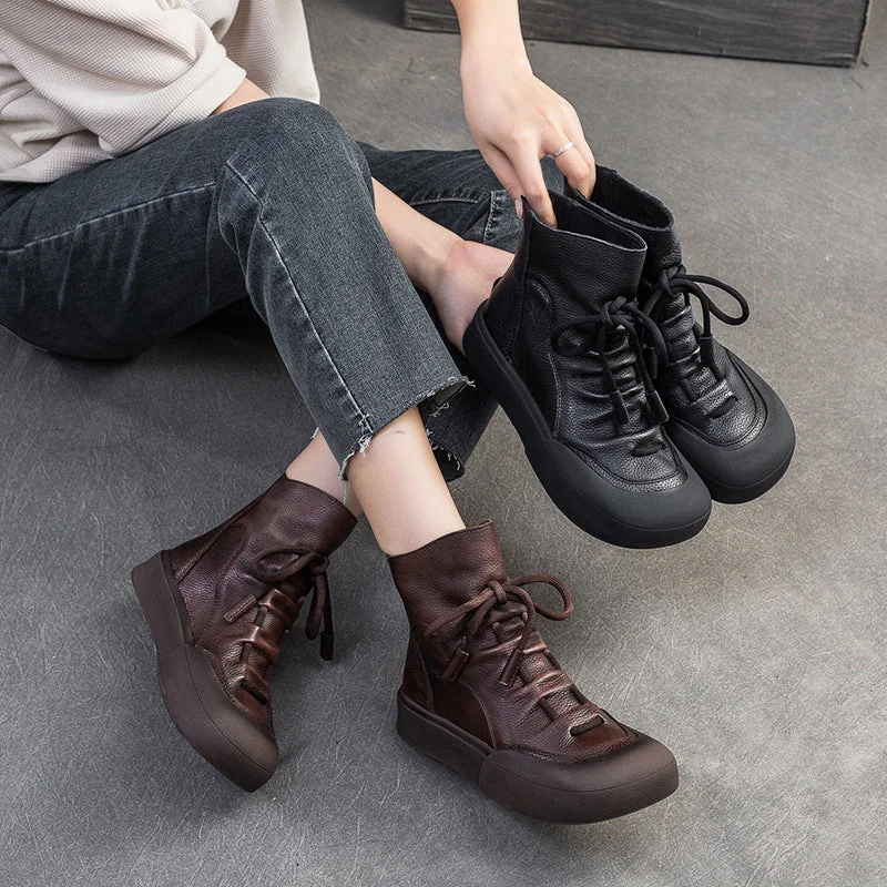 combat boots with thick soles-Women Retro Solid Leather Back Zipper Boots