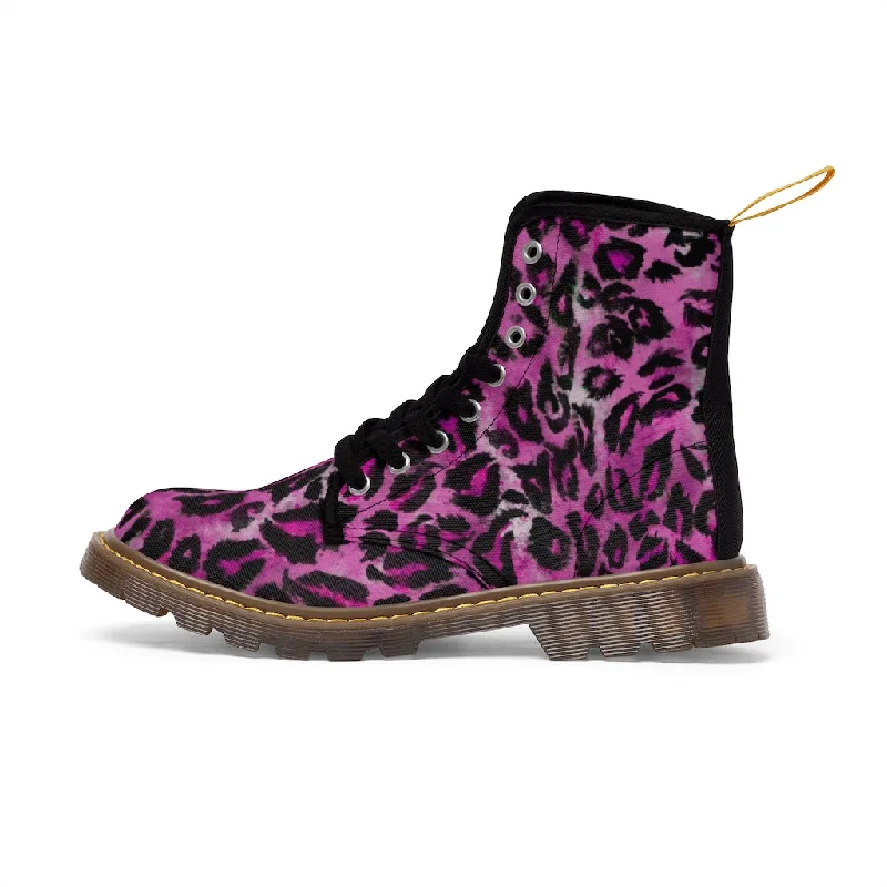 men’s waterproof boots for snow-Pink Leopard Print Women's Boots, Best Animal Print Premium Designer Laced-Up Hiking Boot Shoes