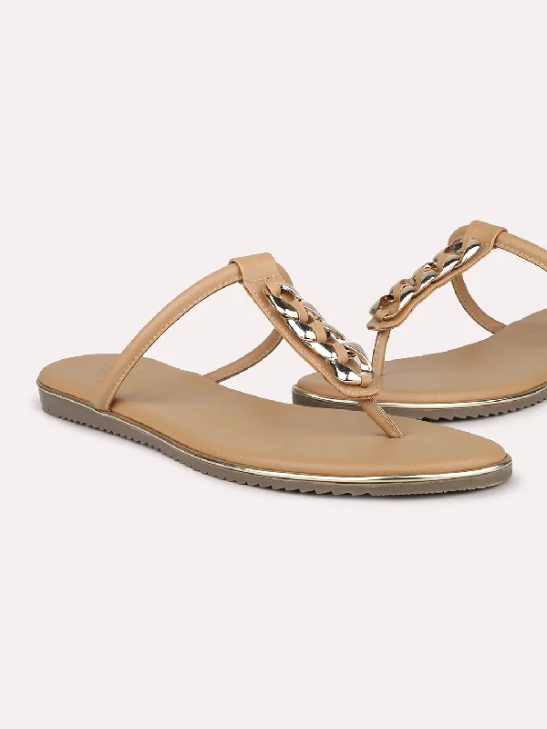 charm flats classic-Flats for teenage girlsWomen Beige And Gold-Toned T-Strap Flats With Buckles