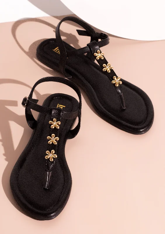 charm flats non-slip-Rubber sole flatsWomen Black And Gold-Toned Studded T-Strap Flats