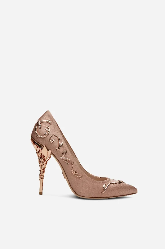 luxe high heels designer-Vintage Pink Satin Eden Pumps with Rose Gold Leaves