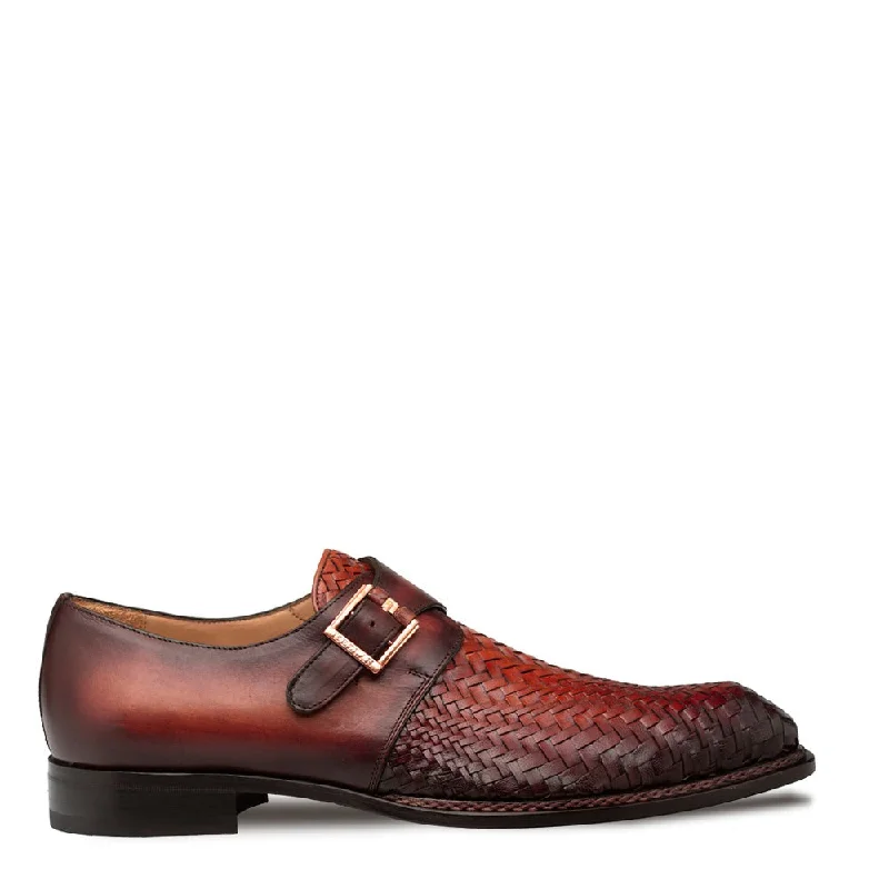 loafers with comfortable memory foam insole-Mezlan Temi 21069 Men's Shoes Cognac & Rust Woven / Calf-Skin Leather Single Monk-Strap Loafers (MZ3741)