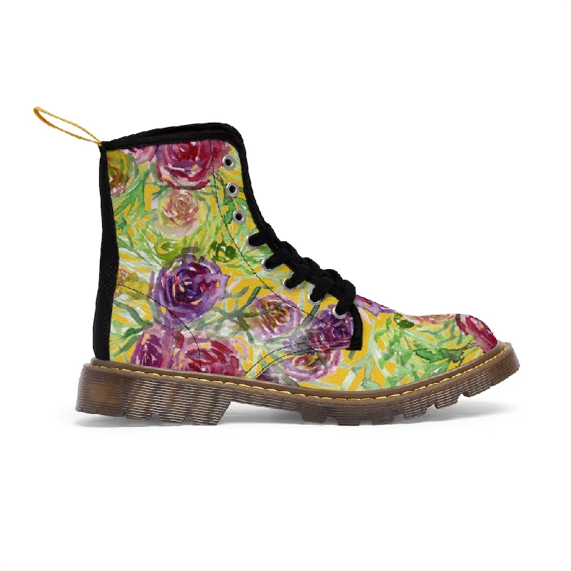 boots for extreme temperatures-Yellow Rose Floral Women's Boots, Pink Purple Rose Flower Printed Hiking Combat Boots For Ladies