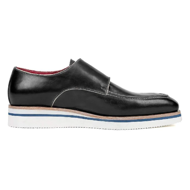 loafers with rubber outsole for comfort-Paul Parkman Men's Black Calf-Skin Leather Monk-Straps Loafers 189-BLK-LTH (PM6119)