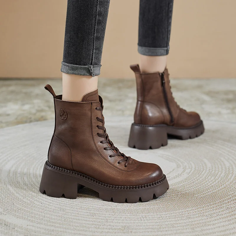 casual boots for women-Women Retro Leather Chunky Heel Casual Boots