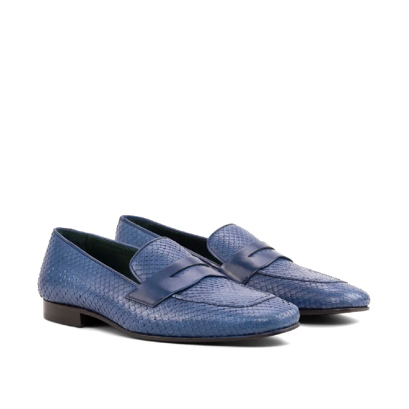 loafers with breathable leather-Ambrogio Bespoke Men's Shoes Navy Python / Calf-Skin Leather Drake Penny Loafers (AMB2266)