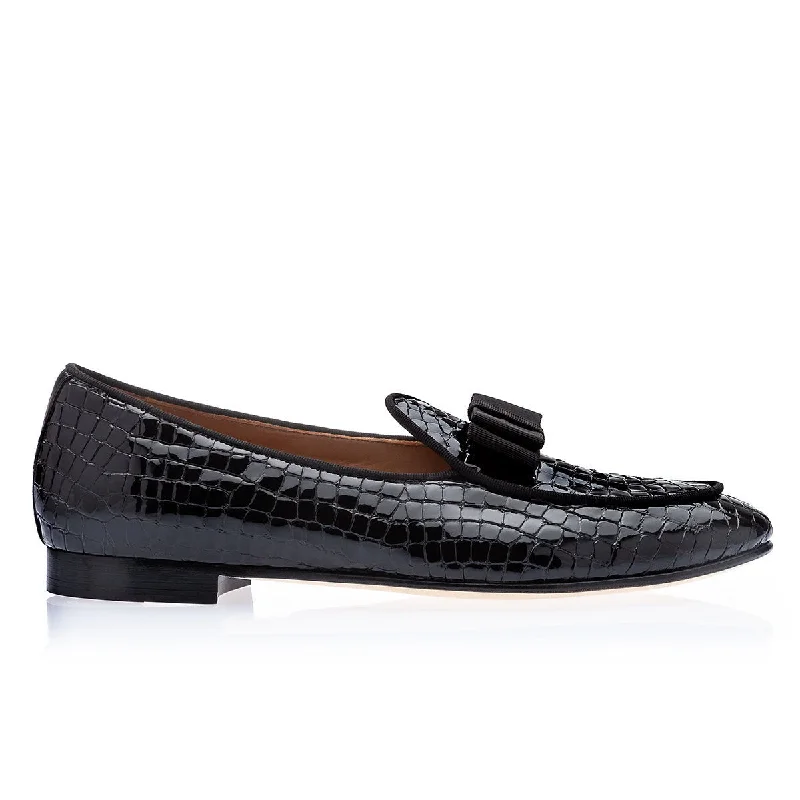 loafers with classic heel-SUPERGLAMOUROUS Tangerine 3 Men's Shoes Black Crocodile Print Leather Belgian Loafers (SPGM1312)