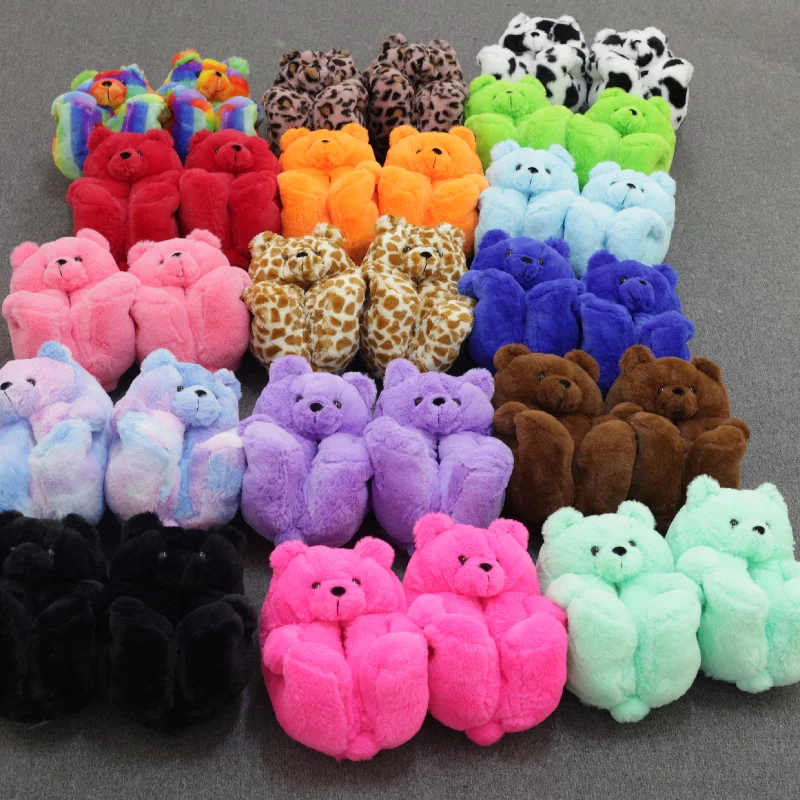 Slippers in light teal-Teddy Bear women christmas plush slippers Cartoon Bear House Slipper Furry Faux Fur Slides Woman Furry Flip Flop Shoes