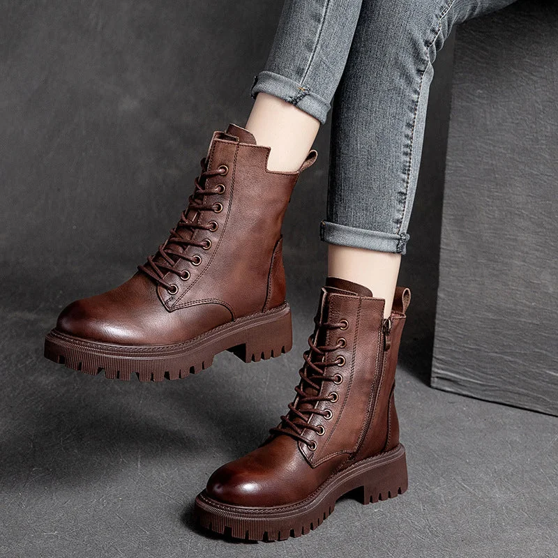 boots for casual outdoor wear-Women Retro Casual Leather Thick Soled Boots