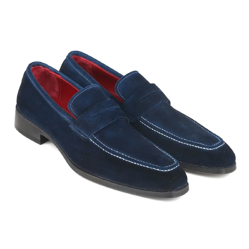 slip-on loafers for business casual-Paul Parkman 10SD21 Men's Shoes Navy Suede Leather Penny Loafers (PM6322)