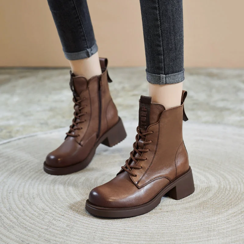 combat boots with metal detail-Women Stylish Soft Leather Chunky Heel Boots