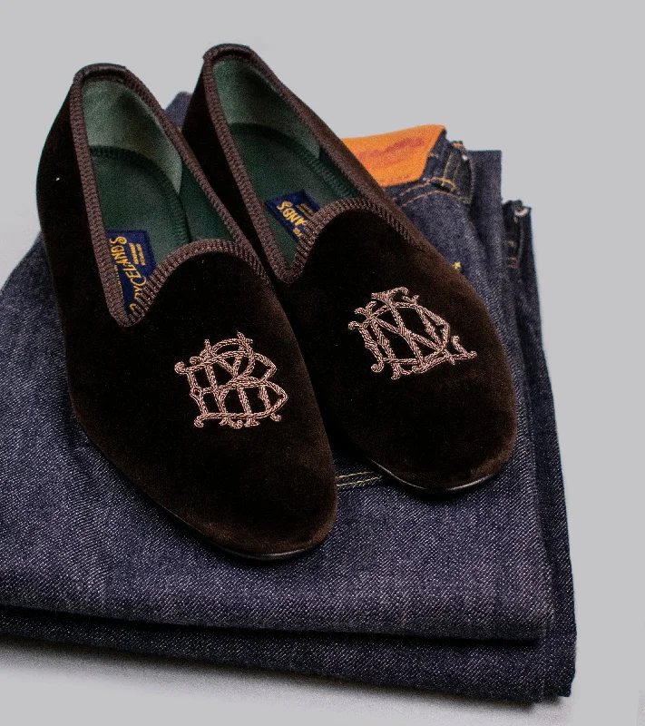 Slippers in soft teal-Bryceland's x Bowhill & Elliott Velvet Slippers Brown