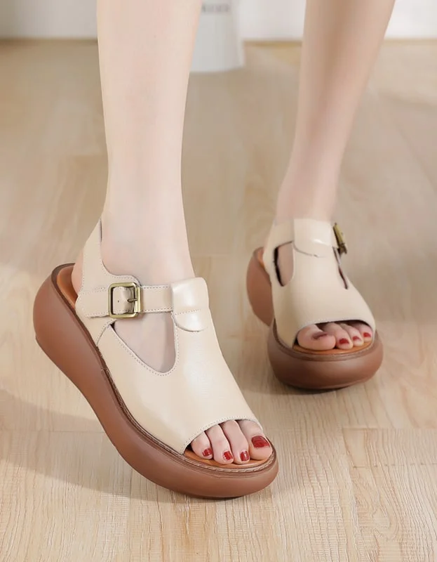 Summer T-strap Front Buckle Wedge Sandals