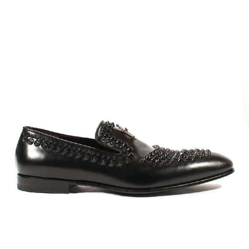 best loafers for office wear-Cesare Paciotti Luxury Italian Men's Designer Shoes Old Paint Black Leather Loafers (CPM2503)