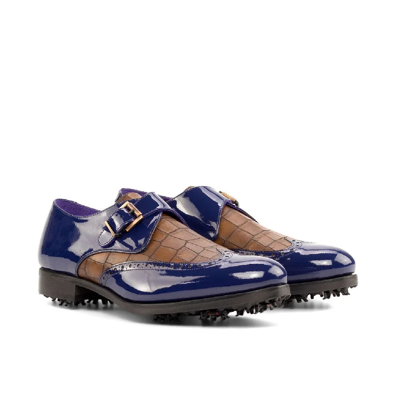 loafers with extra support-Ambrogio Bespoke Men's Shoes Cobalt Blue & Brown Crocodile Print / Patent Leather Monk-Strap Golf Loafers (AMB2267)