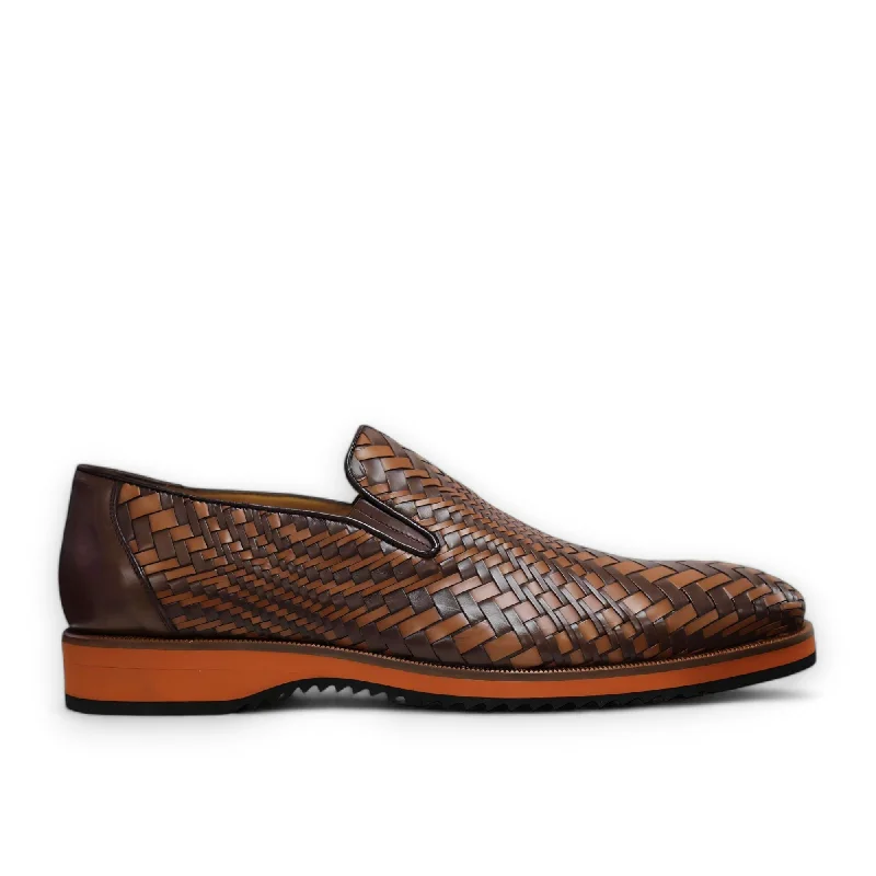 loafers for stylish business wear-Ambrogio by Mezlan Men's Shoes Brown & Cognac Woven Leather Sport Loafers (AMZ1016)