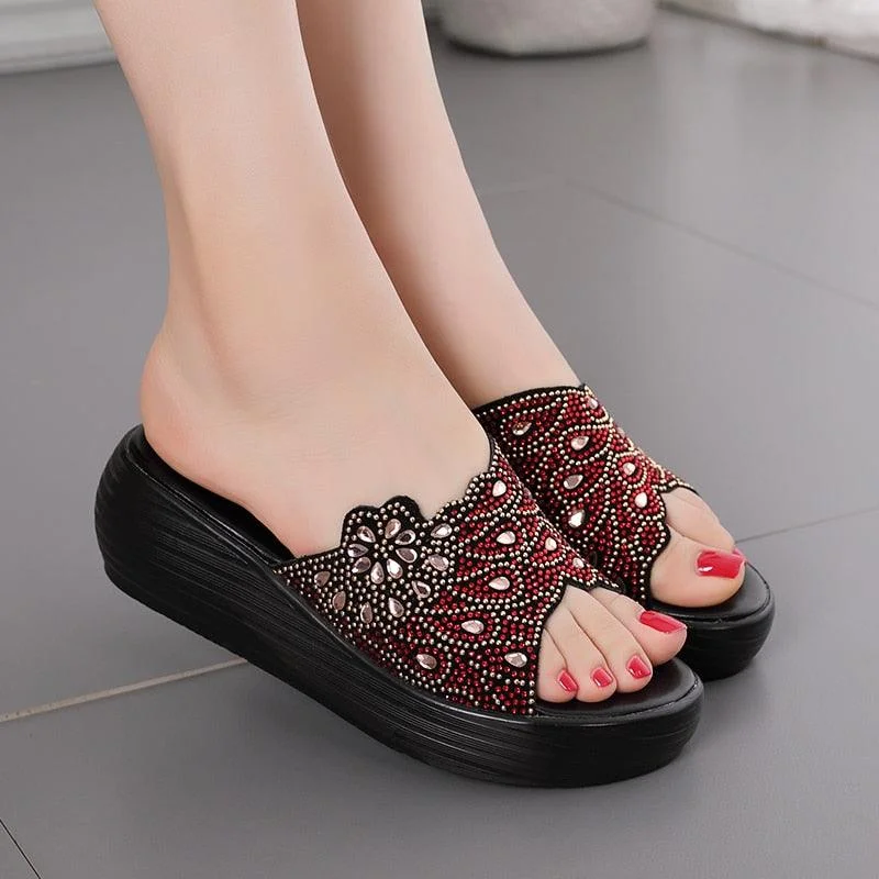 Slippers with fun soles-TM1153 Rhinestone Leather Women's Casual Shoe Slippers with Wedges