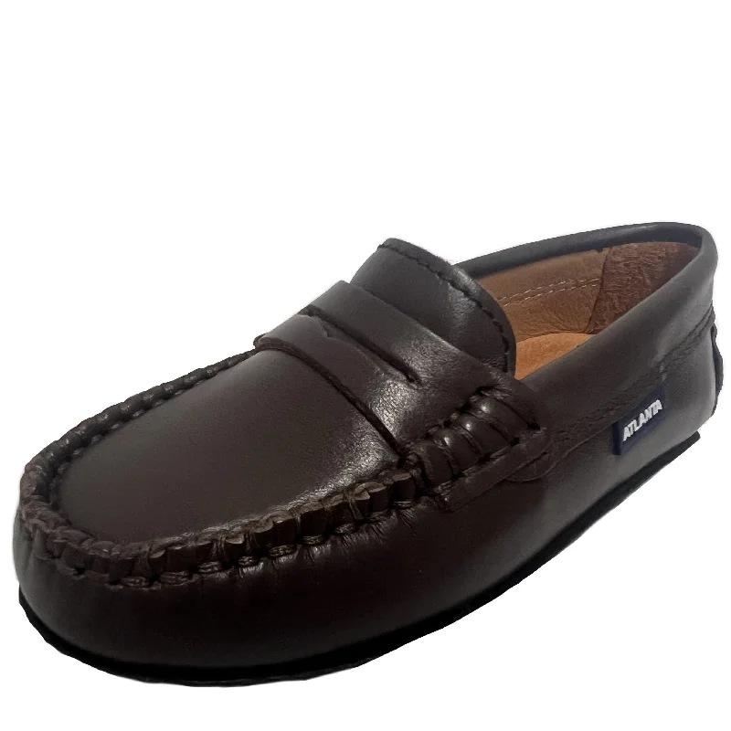 loafers for easy slip-on wear-Atlanta Mocassin Boy's and Girl's Smooth Leather Penny Loafers, Brown Dark Smooth