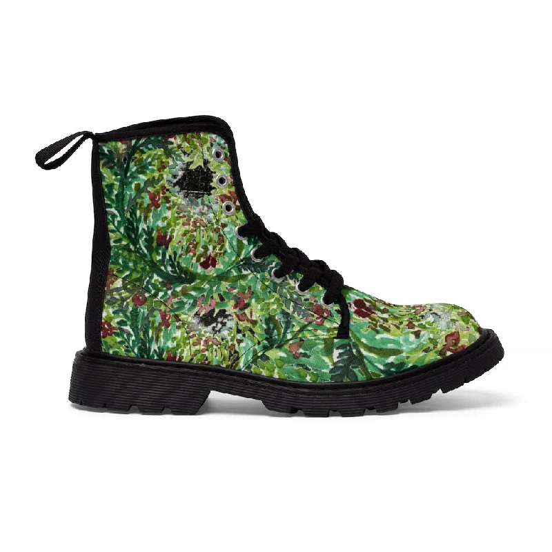 comfortable boots for all-day wear-Black Green Floral Women's Boots, Flower Stylish Rose Hiking Combat Boots For Women