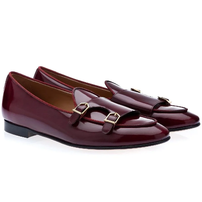 loafers for formal events-SUPERGLAMOUROUS Tangerine 7 Men's Shoes Burgundy Polished Leather Monk-Straps Belgian Loafers (SPGM1049)