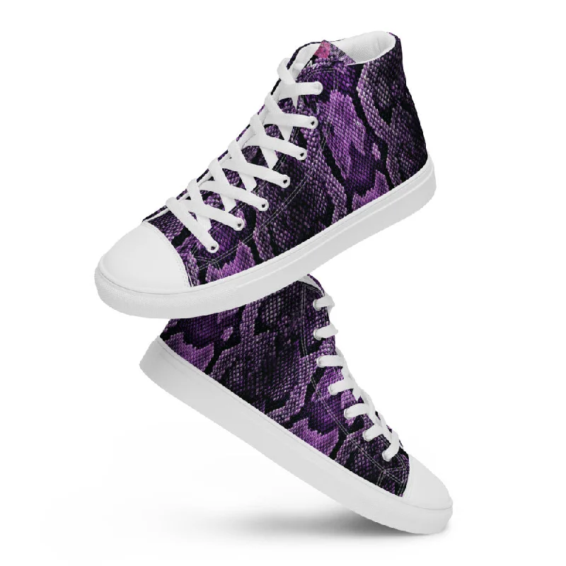 blue athletic shoes calm-Purple Snake Print Men's Sneakers, Modern Python Stylish Snake Print Designer Men's High Top Tennis Shoes (US Size: 5-13)