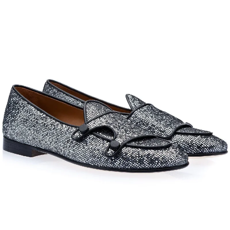 loafers for trendy evening wear-SUPERGLAMOUROUS Tangerine 7 Square Men's Shoes Silver Glittered Canvas Fabric Monk-Straps Belgian Loafers (SPGMS1118)