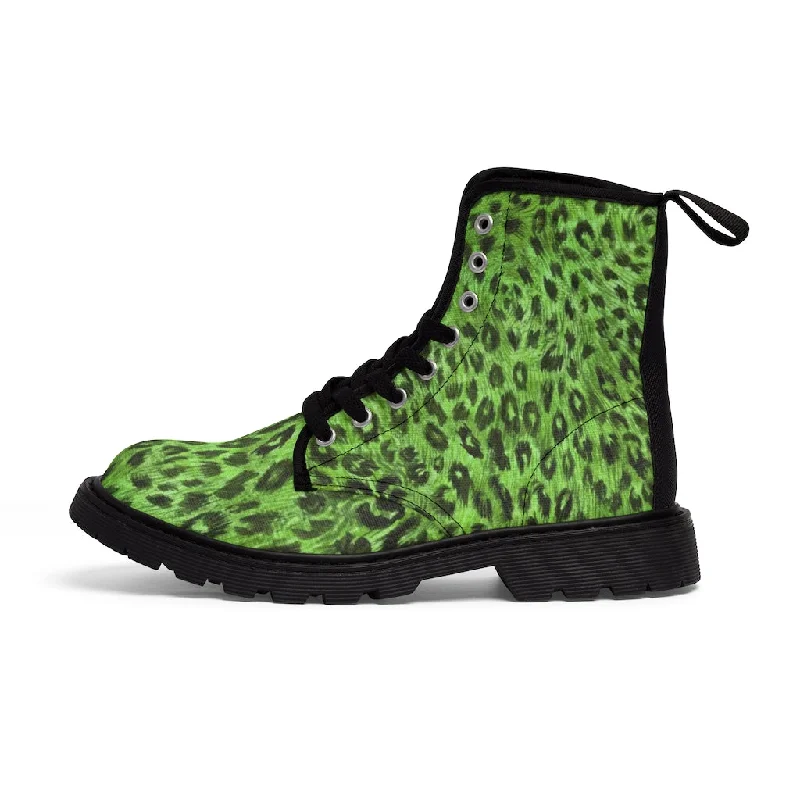 knee-high boots with comfortable fit-Green Leopard Print Women's Boots, Animal Print Designer Premium Ladies' Hiking Combat Boots