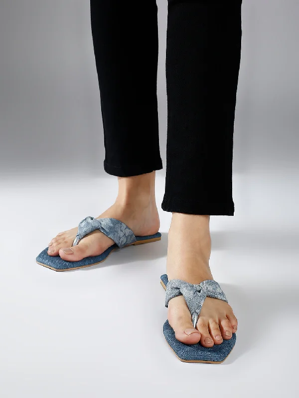 agile flats lightweight-Best budget flatsWomen Blue Textured Knot Detail Open Toe Flats