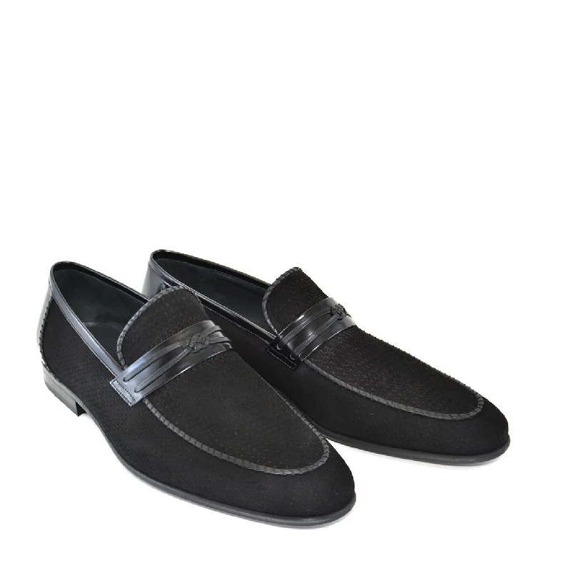 loafers with rubber sole for comfort-Corrente C130 3417HS Men's Shoes Black Perforated Suede Leather Loafers (CRT1306)