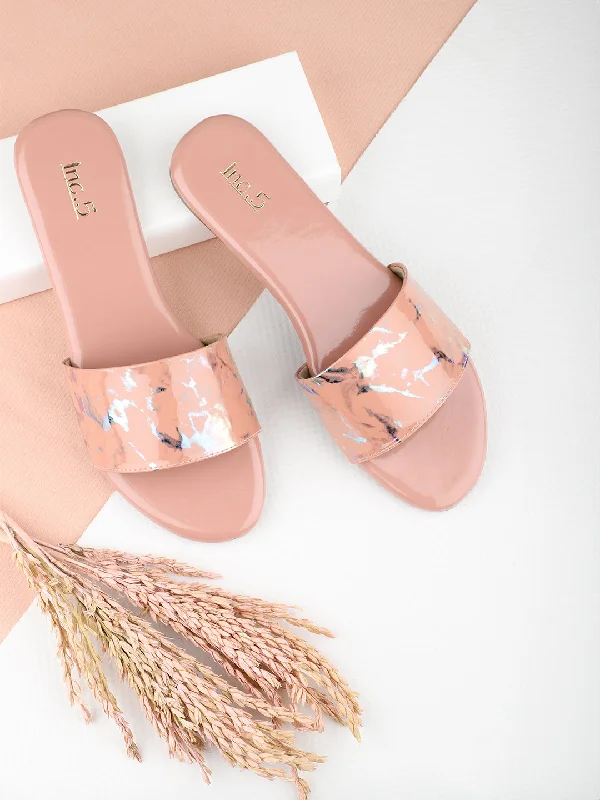 tweak flats adjustable-Vegan leather flatsWomen Peach Embellished Printed Open Toe Flats