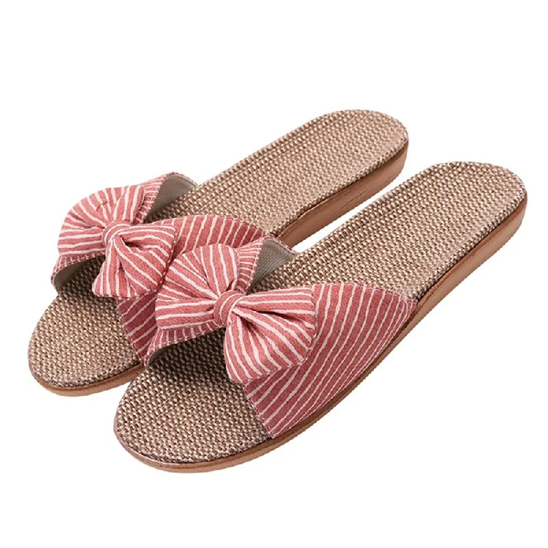 Slippers with soft soles-Trendy Summer Striped Bow-Knot Flip Flops Slippers