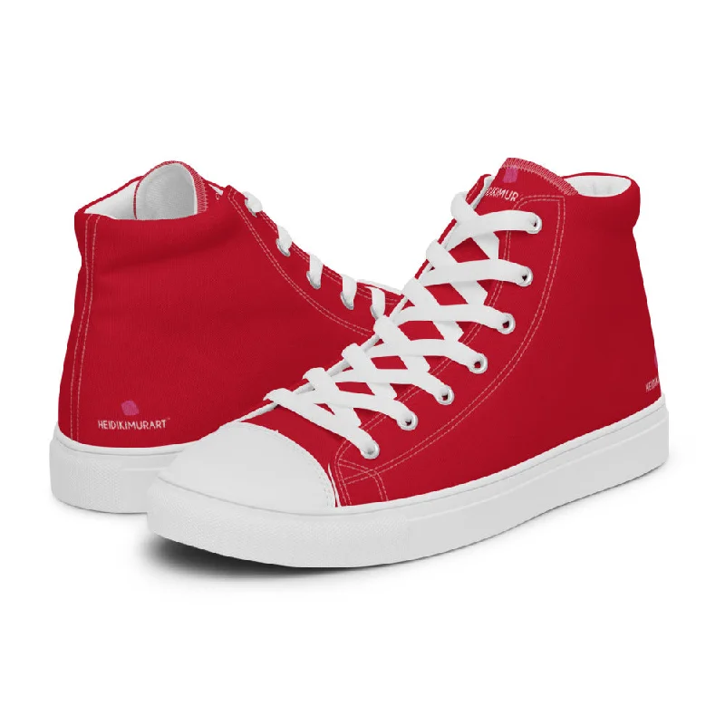 beige athletic shoes chic-Red Color Men's High Tops, Solid Red Color Men’s High Top Sneakers Canvas Tennis Shoes With White Laces and Faux Leather Toe Caps (US Size: 5-13)