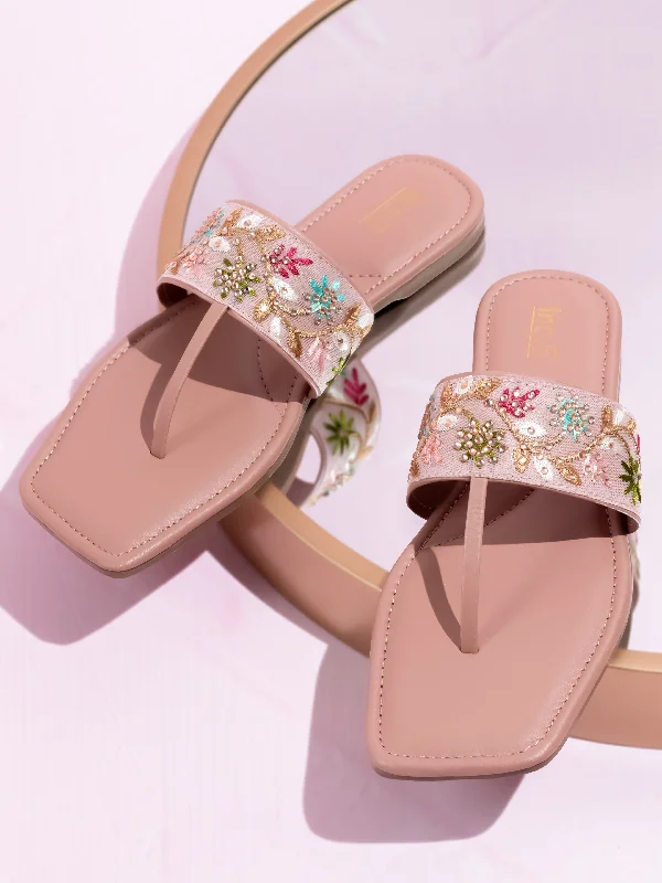 vibe flats handmade-Nude flats for womenWomen Peach & Silver-Toned Embroidered T-Strap Flats