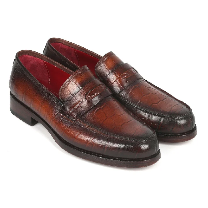 loafers for hot weather-Paul Parkman 3857-BRW Men's Shoes Brown Crocodile Print Leather Penny Loafers (PM6336)