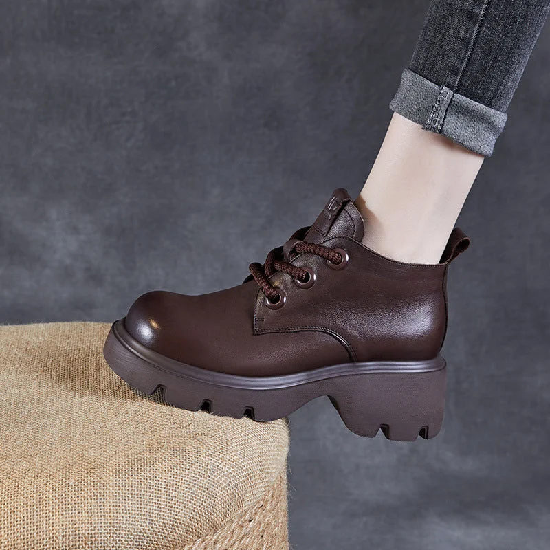 military boots for men-Women Retro Solid Leather Ankle Wedge Boots