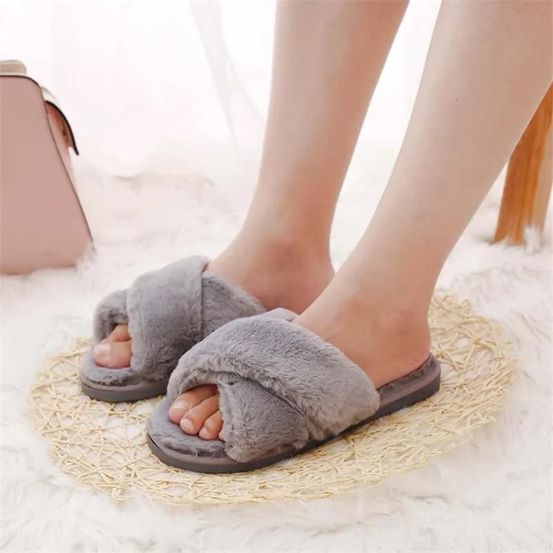 Slippers with bold soles-Winter Faux Fur Plush Home Slippers