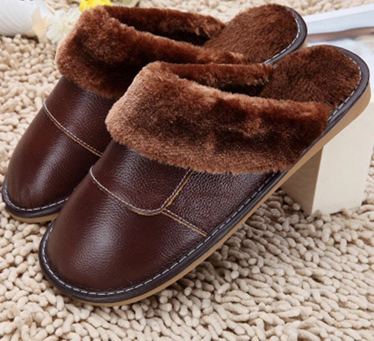 Slippers in rich teal-6 Colors Genuine Leather Home Slippers High Quality Women Men Slippers Plush Warm Indoor Shoes Men Women Size 35-44