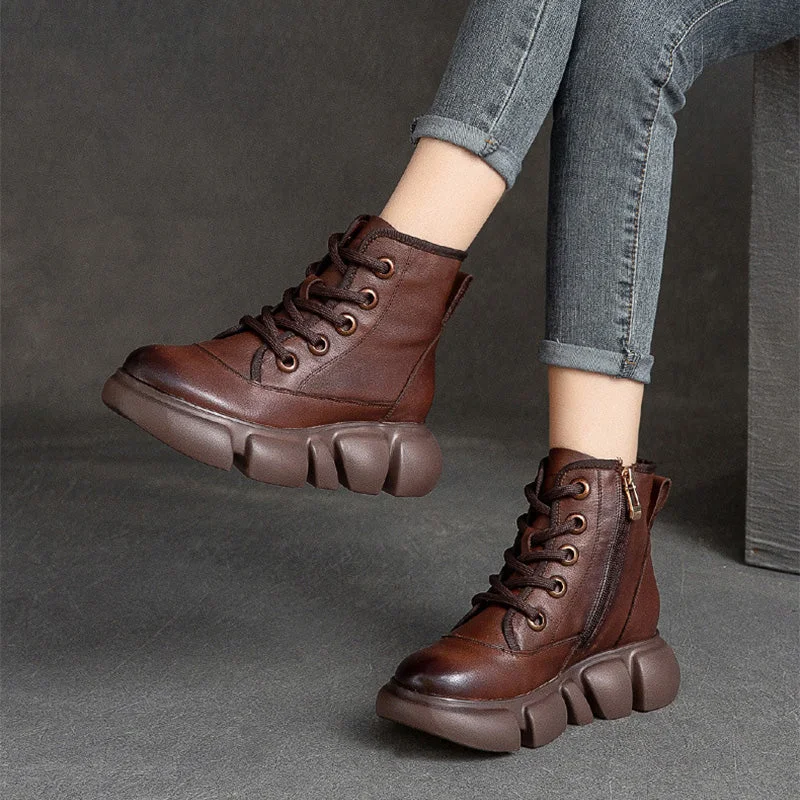 boots with extra ankle protection-Women Retro Minimalist Leather Furred Platform Boots