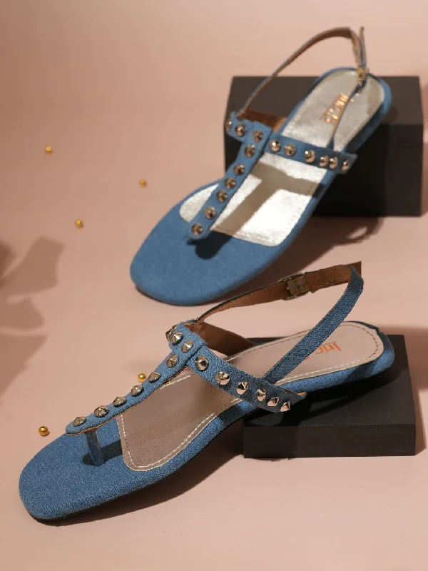 charm flats trendy-Velvet flats for womenWomen Blue Denim And Silver-Toned Studded T-Strap Flats