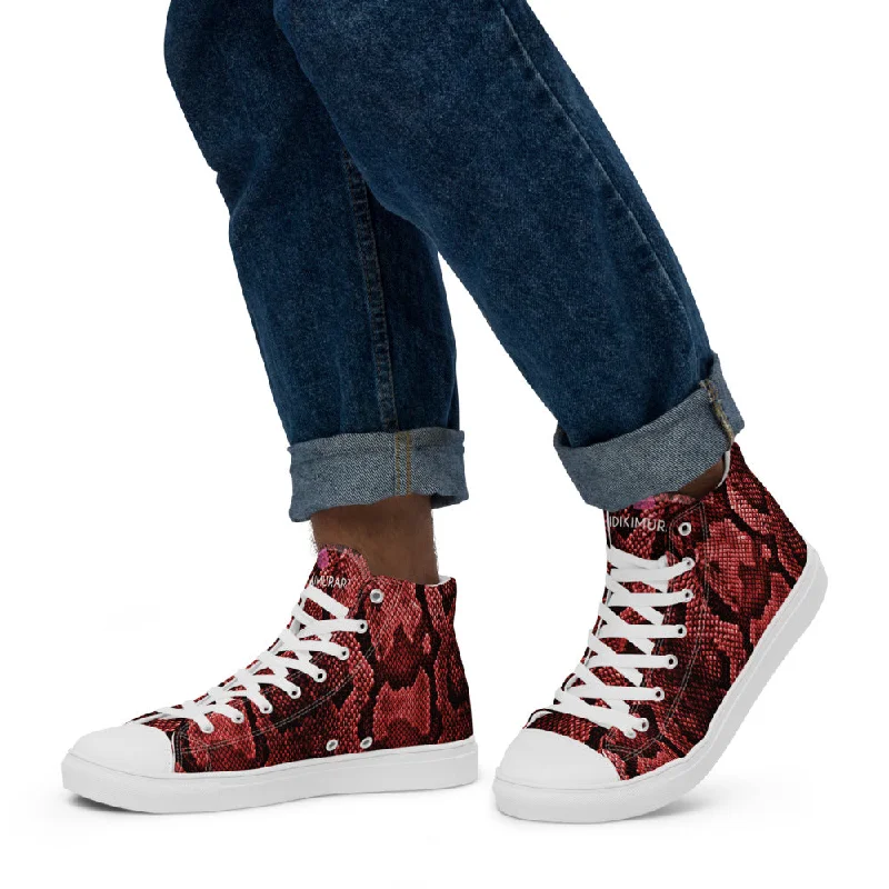 trendy athletic shoes patterns-Red Snake Print Men's Sneakers, Modern Python Stylish Snake Print Designer Men's High Top Tennis Shoes (US Size: 5-13)