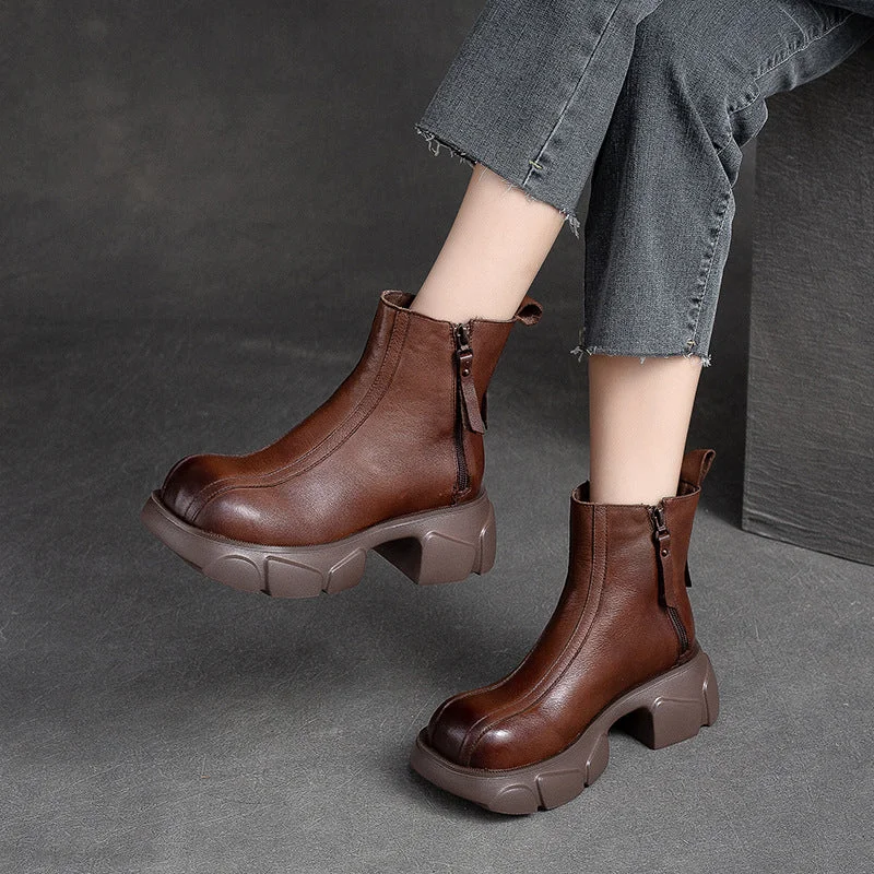 boots for wearing in freezing temperatures-Women Retro Minimalist Casual Leather Chunky Heel Boots