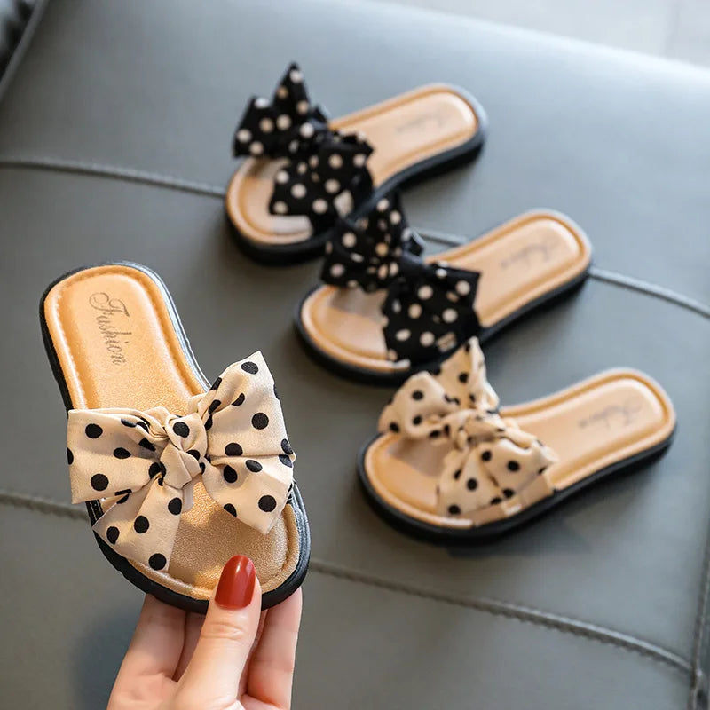 Slippers in pale teal-Bow Flats Open Toe Slide Sandals Non-slip Flip Flops Children Home Slippers Kids Girls Summer Cute Beach Slippers Shoe