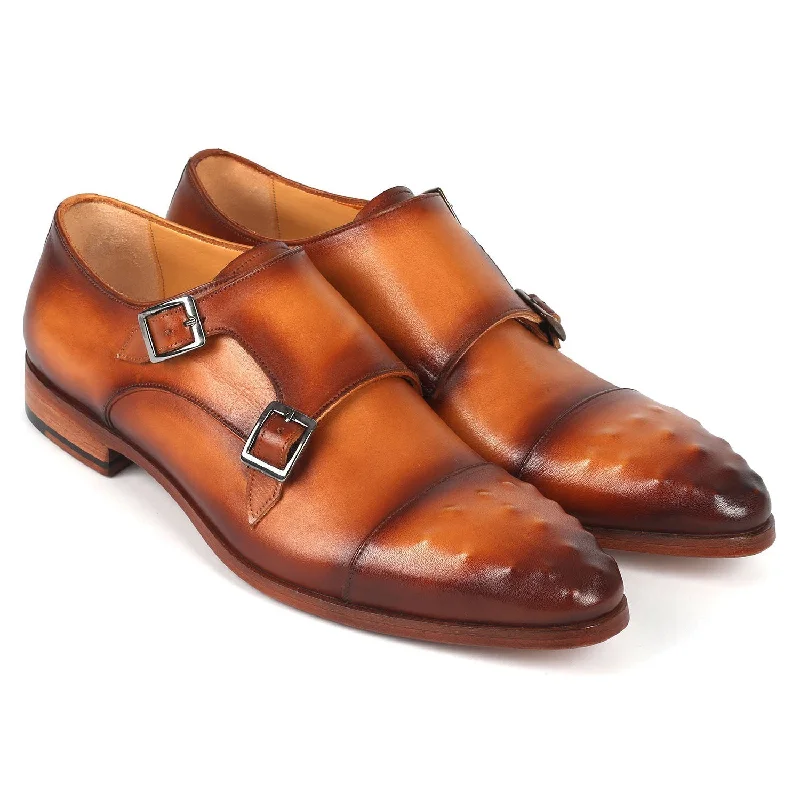 loafers for men with extra cushioning-Paul Parkman 047-CML Men's Shoes Light Brown Calf-Skin Leather Studded Cap Toe Monkstraps Loafers (PM6369)