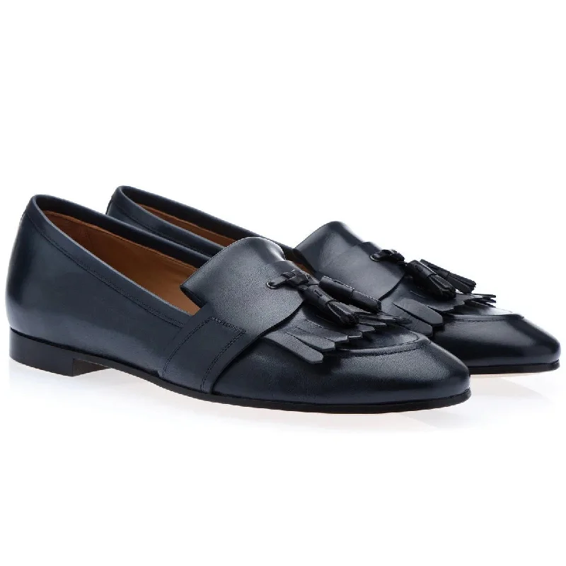 loafers with chic casual design-SUPERGLAMOUROUS Romeo Toledo Men's Shoes Navy Calf-Skin Leather Tassels Loafers (SPGM1053)