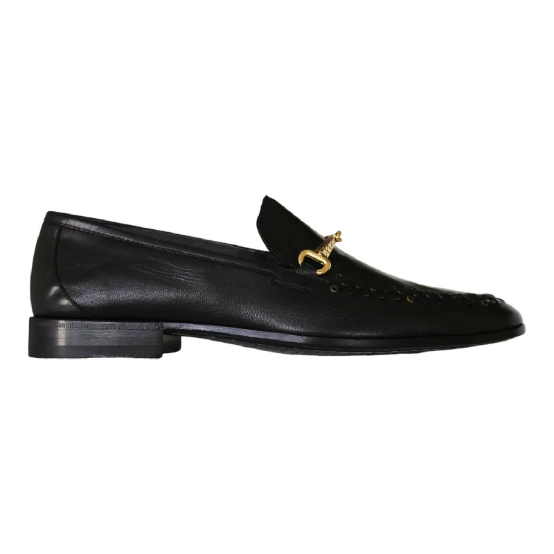 elegant loafers with lace-up details-Roberto Cavalli 22505-A Men's Shoes Black Calf-Skin Leather Horsebit Loafers (RC1005)