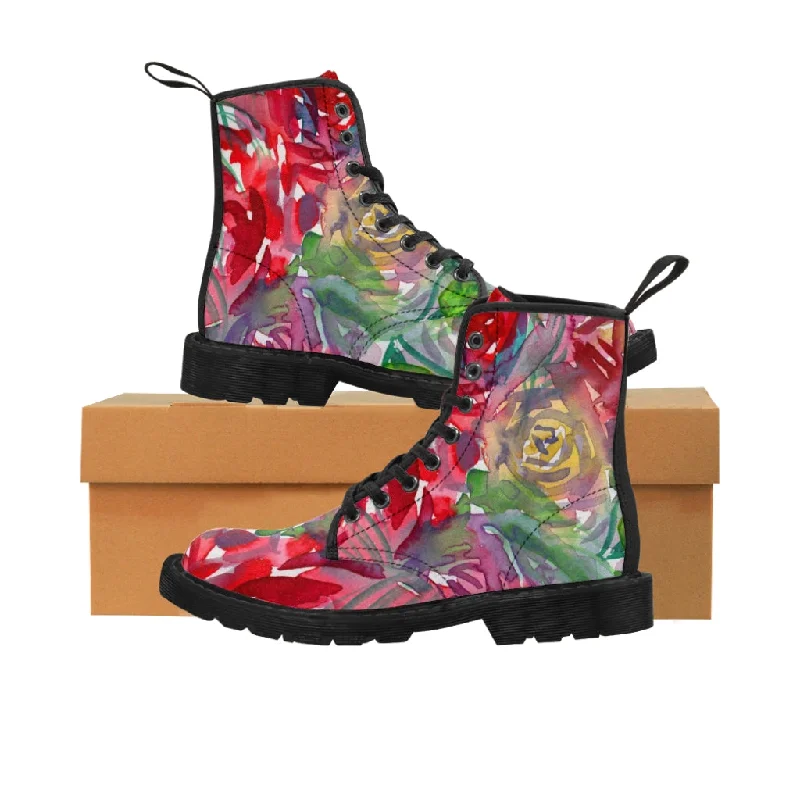 best winter boots for snow-Red Floral Print Women's Boots, Watercolor Flower Printed Hiking Combat Boots For Ladies