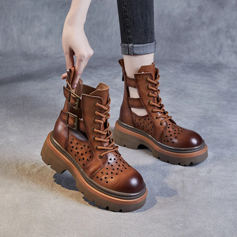 boots for cold weather protection-Women Retro Hollow Cutout Leather Boots