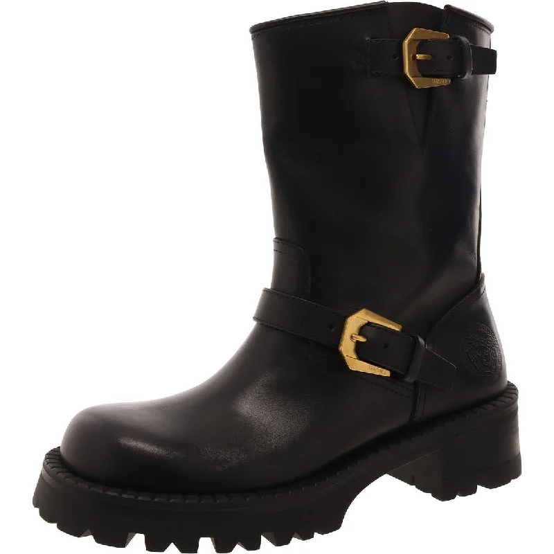 boots with extra warmth and traction-Versace Womens Leather Mid-Calf Motorcycle Boots