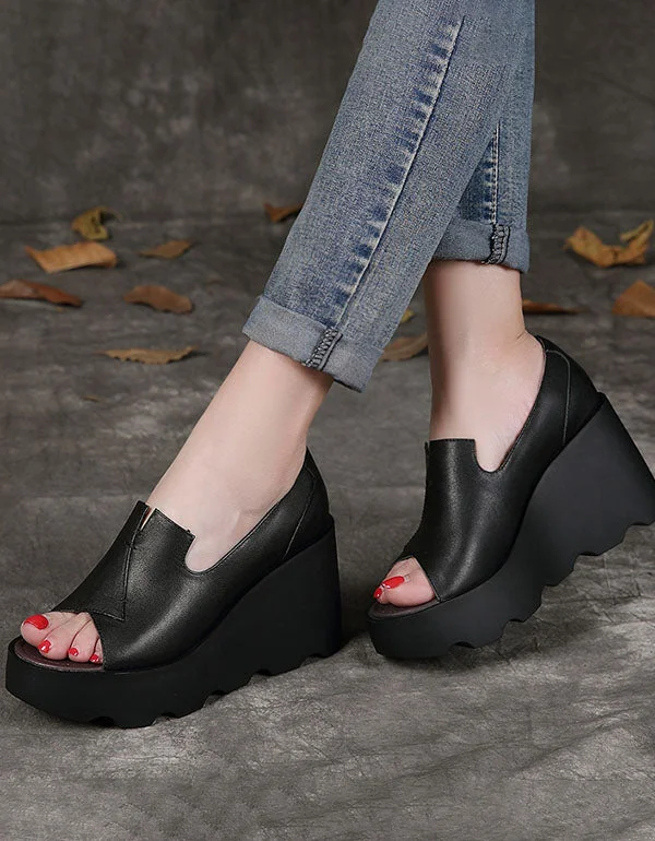 Leather Wedge Heels Fish Toe Fashion Sandals