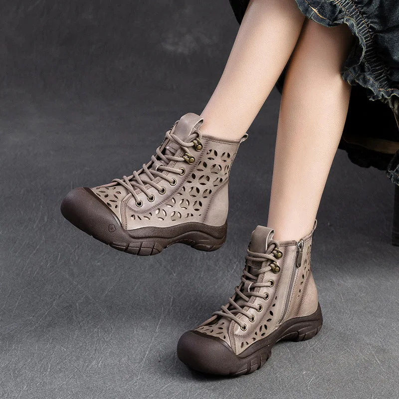 waterproof winter boots for men-Women Retro Breathable Hollow Leather Casual Boots